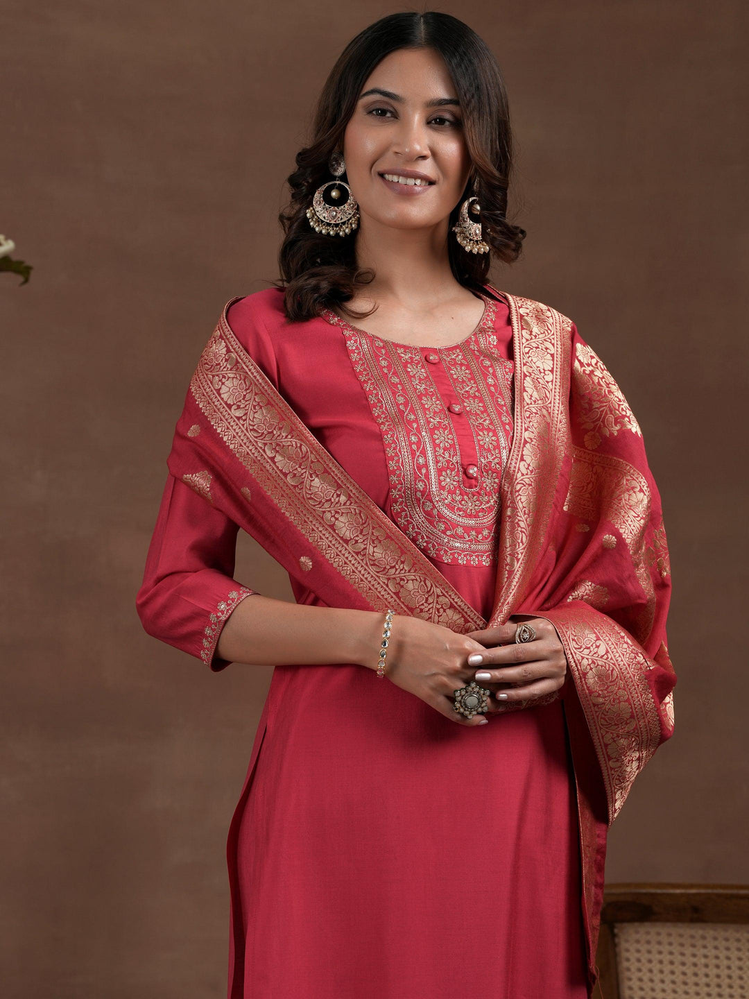 Pink Yoke Design Silk Blend Straight Suit With Dupatta - Libas