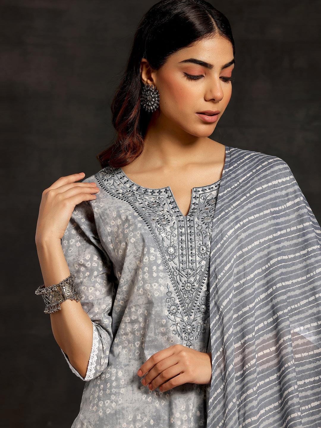 Grey Printed Cotton Straight Suit With Dupatta - Libas 