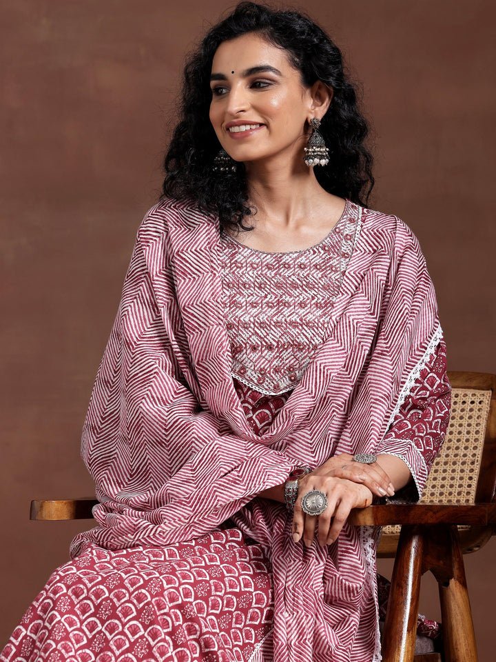 Maroon Printed Cotton Straight Suit With Dupatta - Libas