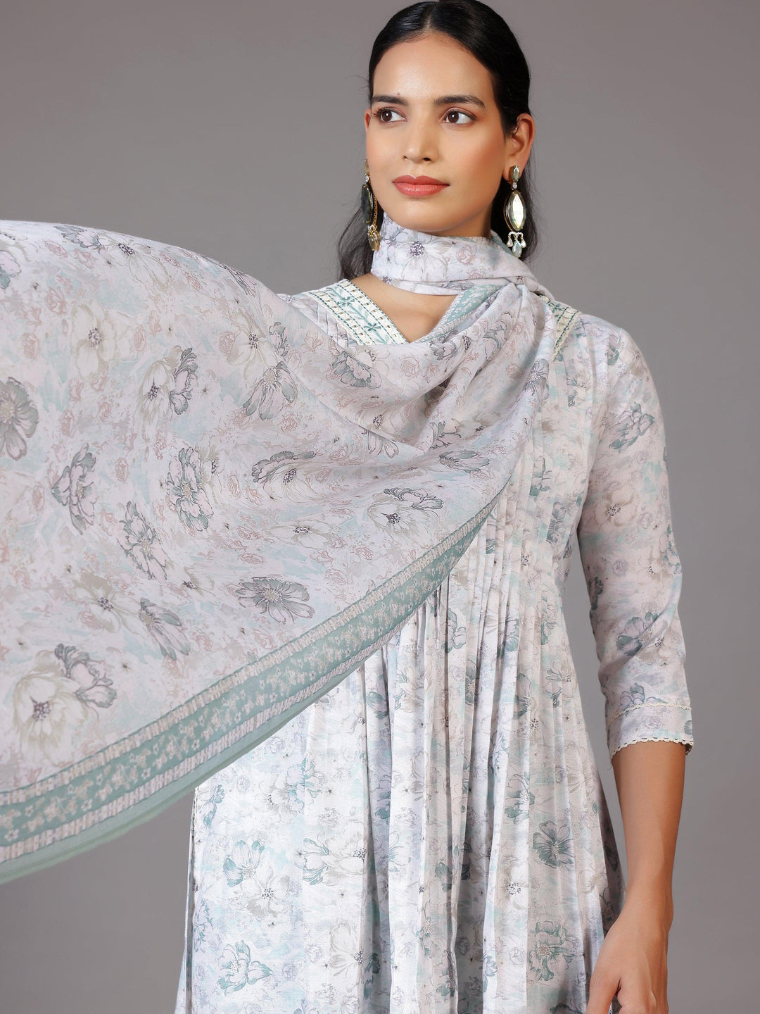 Off White Printed Cotton Blend A-Line Kurta With Palazzos & Dupatta - Libas