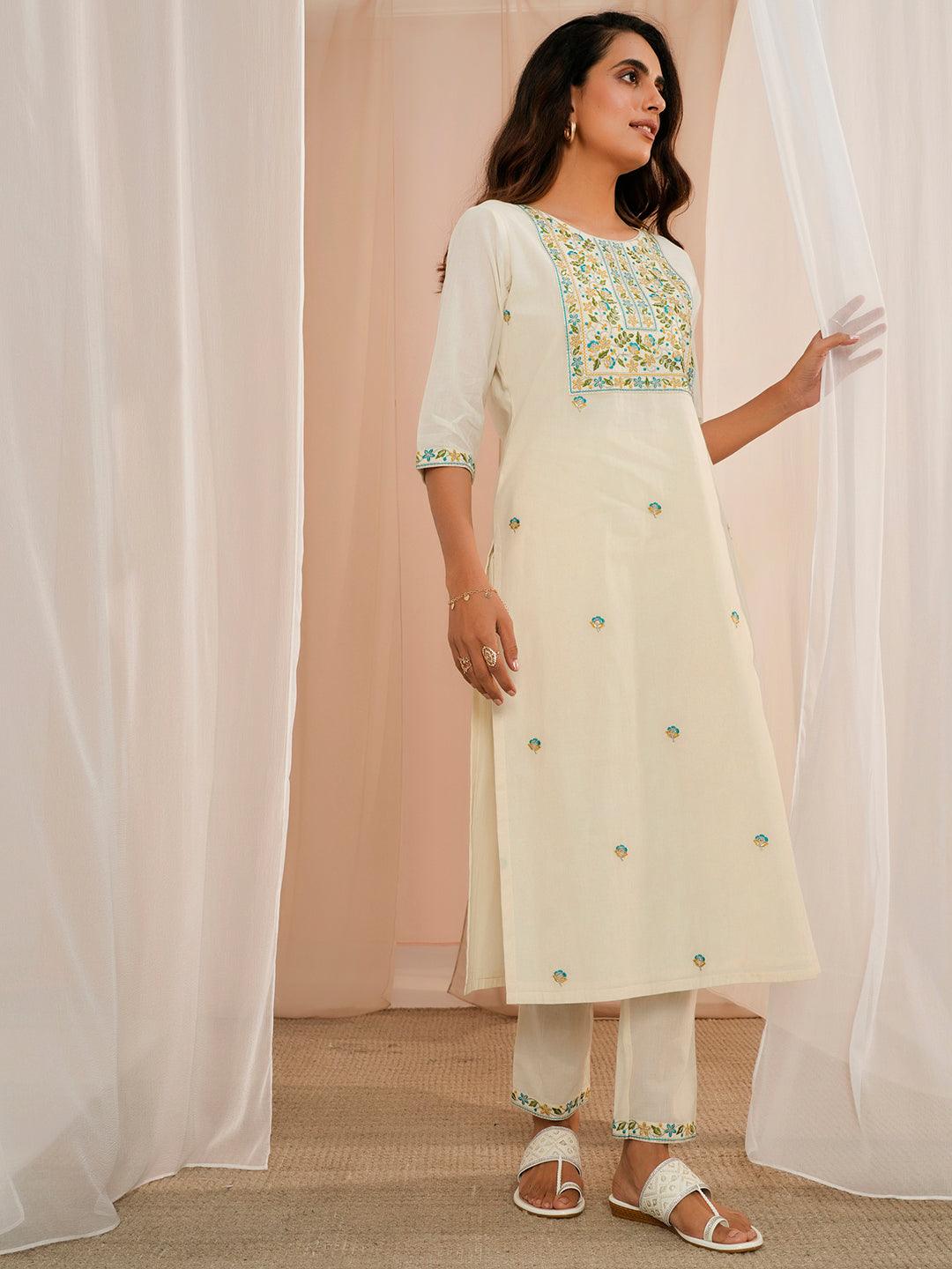 Off White Yoke Design Cotton Straight Suit With Dupatta - Libas 