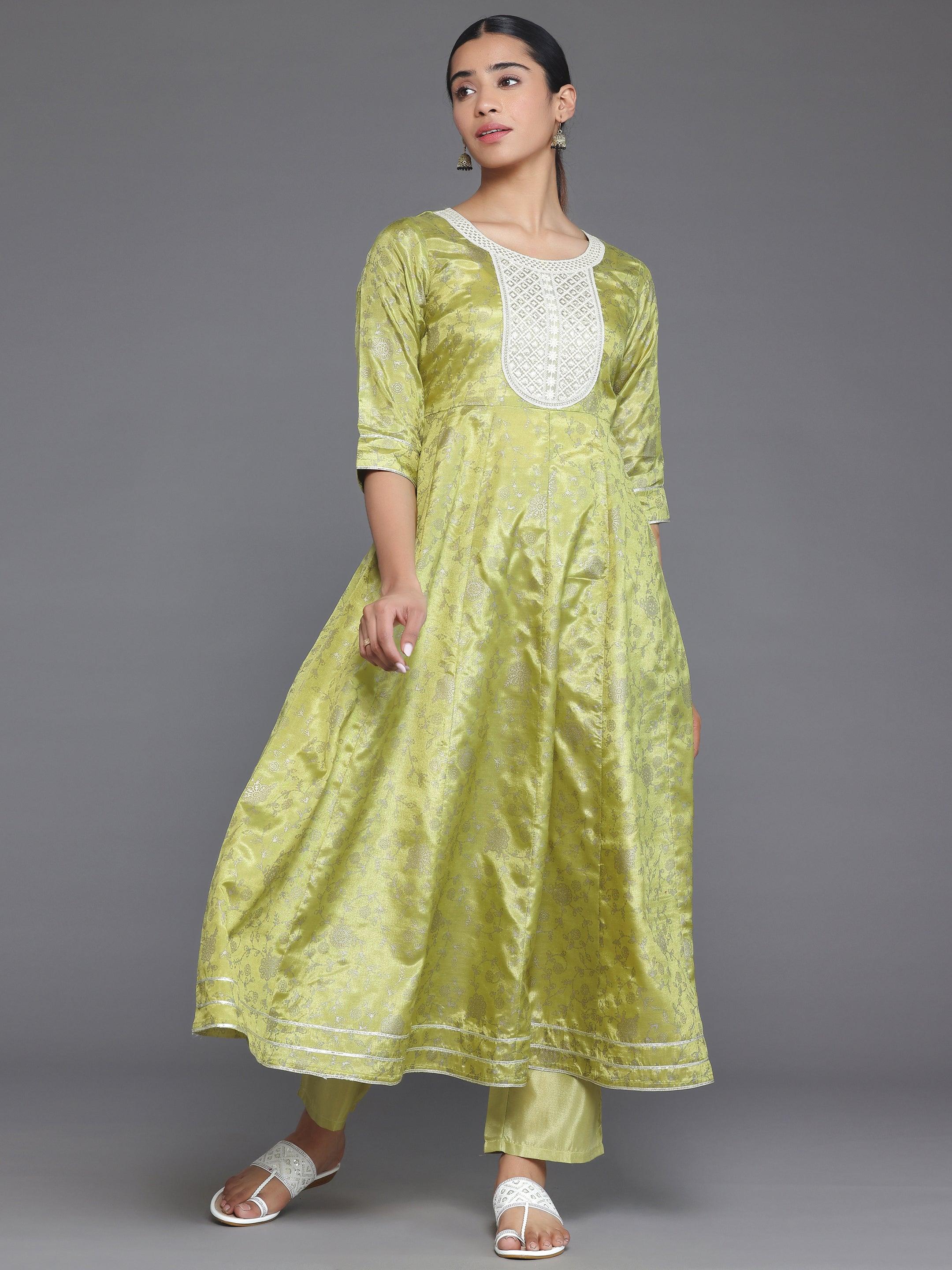 Green Printed Silk Blend A-Line Kurta With Trousers