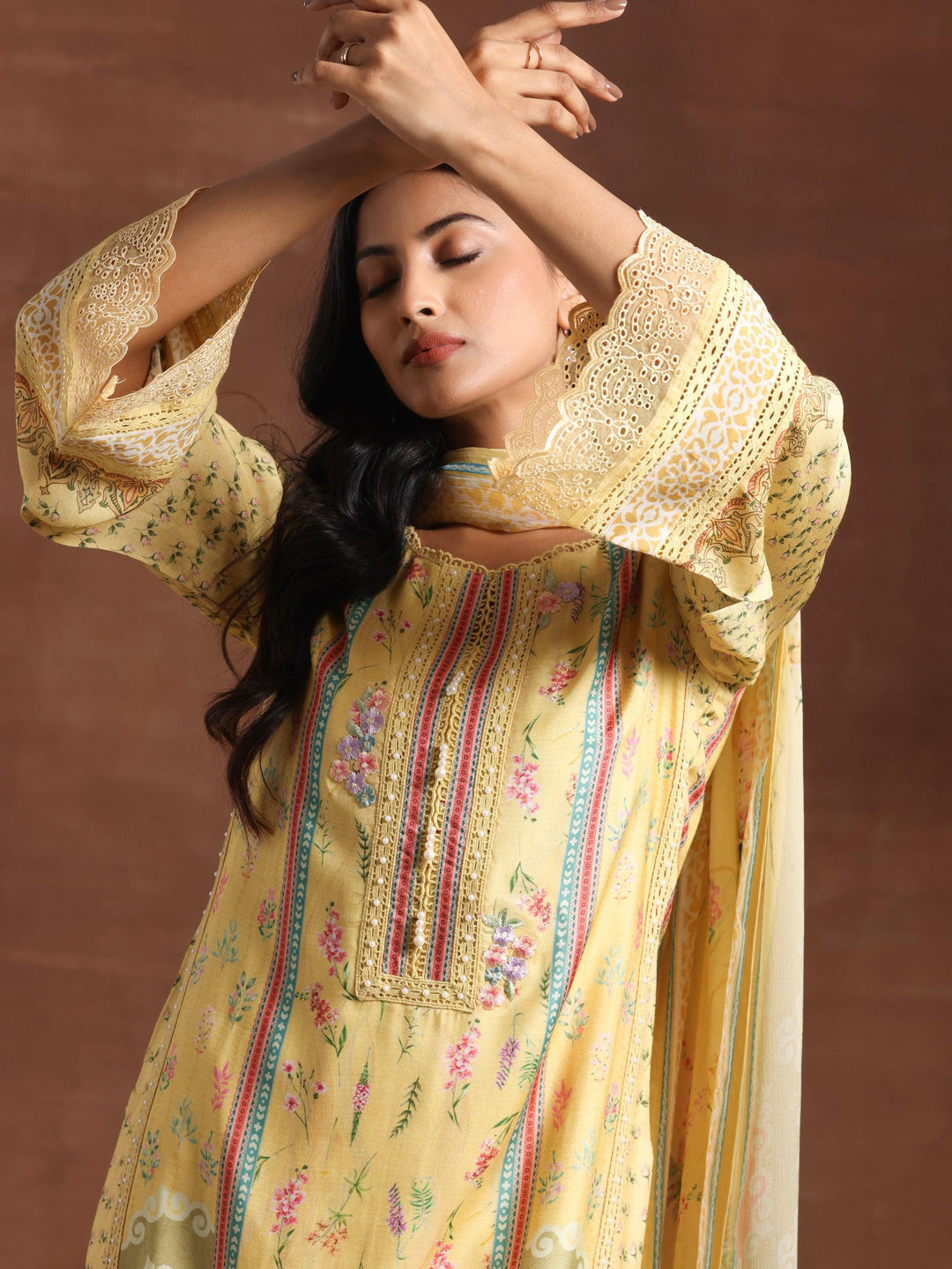 Yellow Printed Silk Blend Straight Suit With Dupatta - Libas 