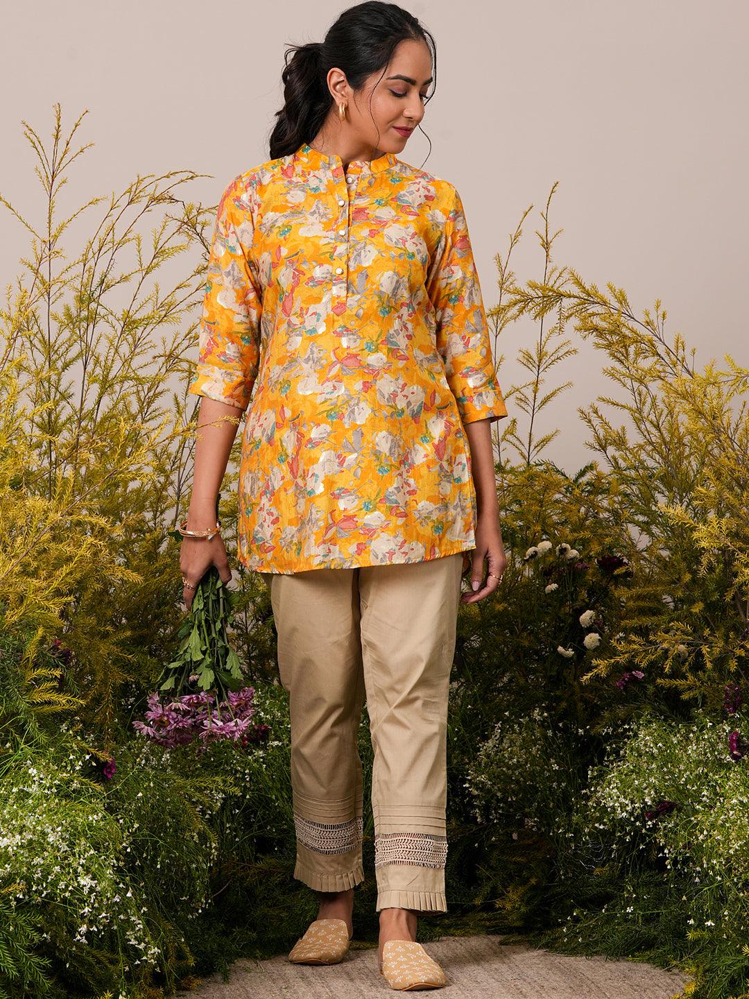 Yellow Printed Silk Blend A-Line Kurti - Libas