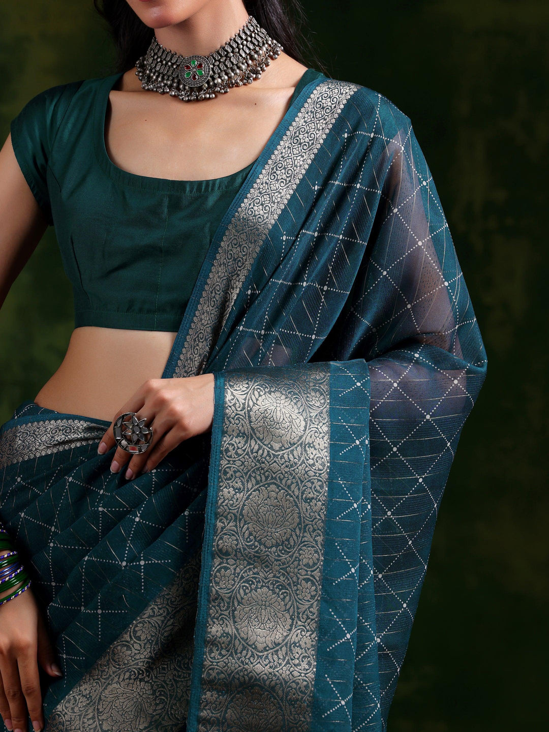 Blue Printed Silk Blend Saree With Unstitched Blouse Piece - Libas