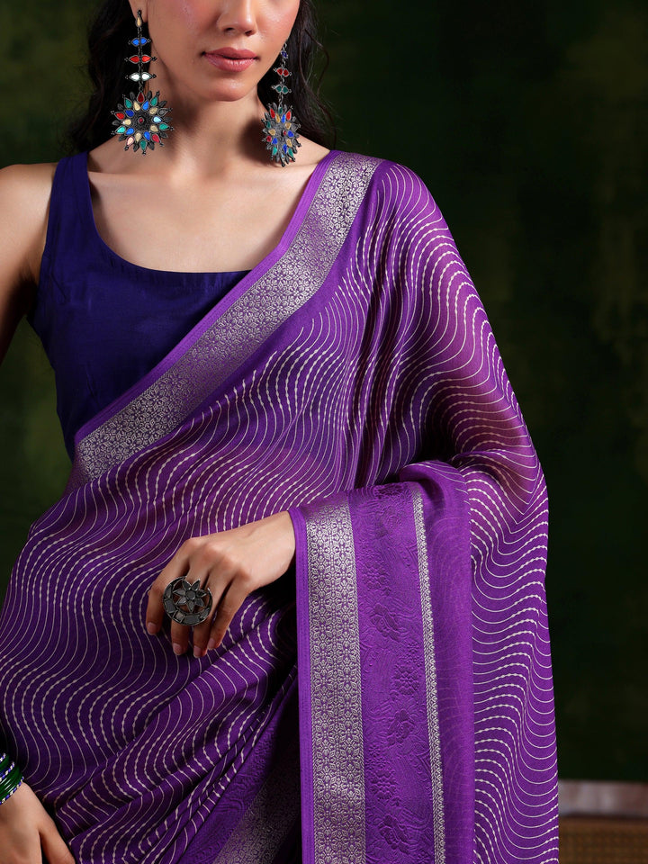 Purple Printed Silk Blend Saree With Unstitched Blouse Piece - Libas