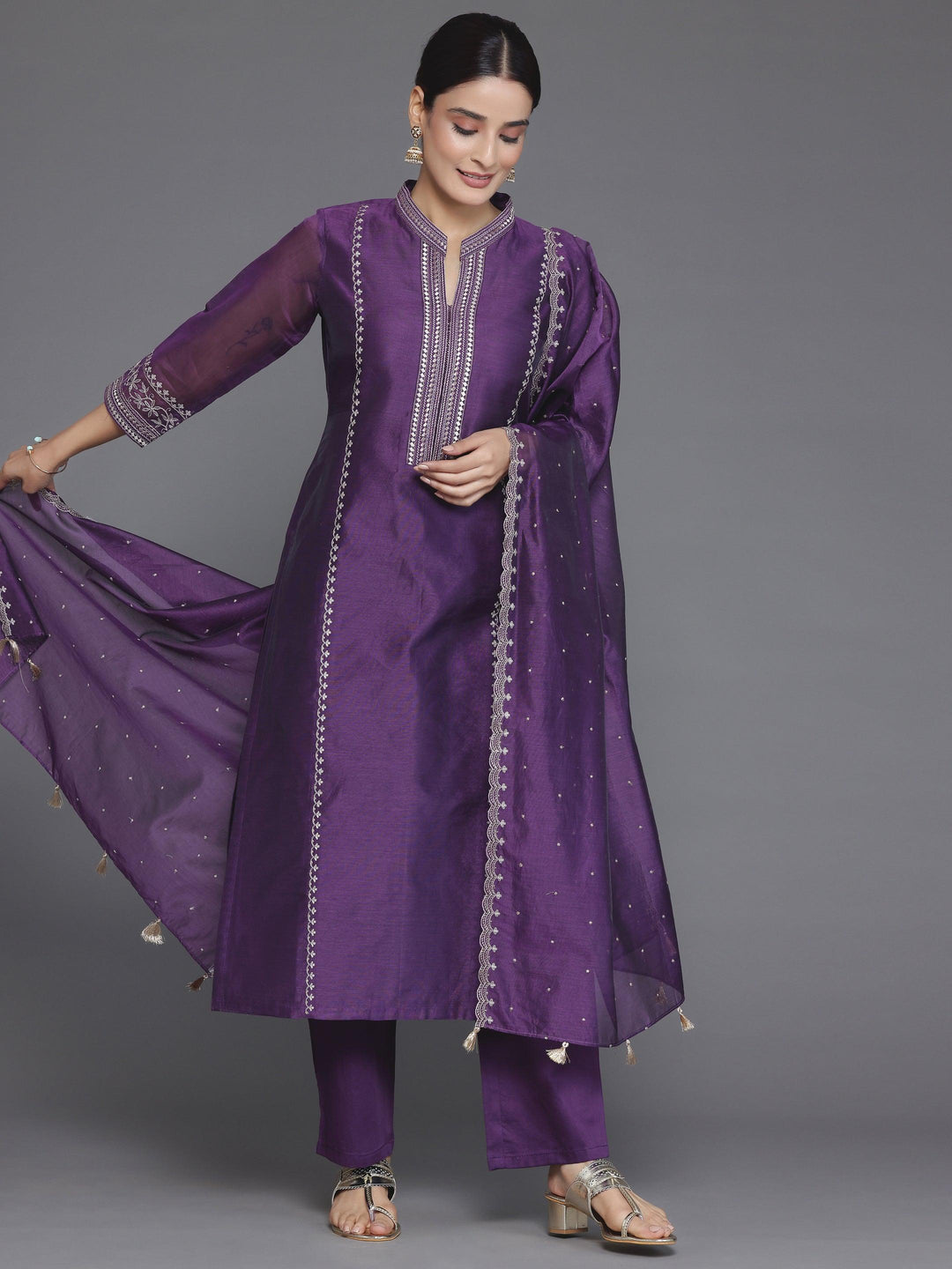 Wine Embroidered Chanderi Silk Straight Suit With Dupatta - Libas