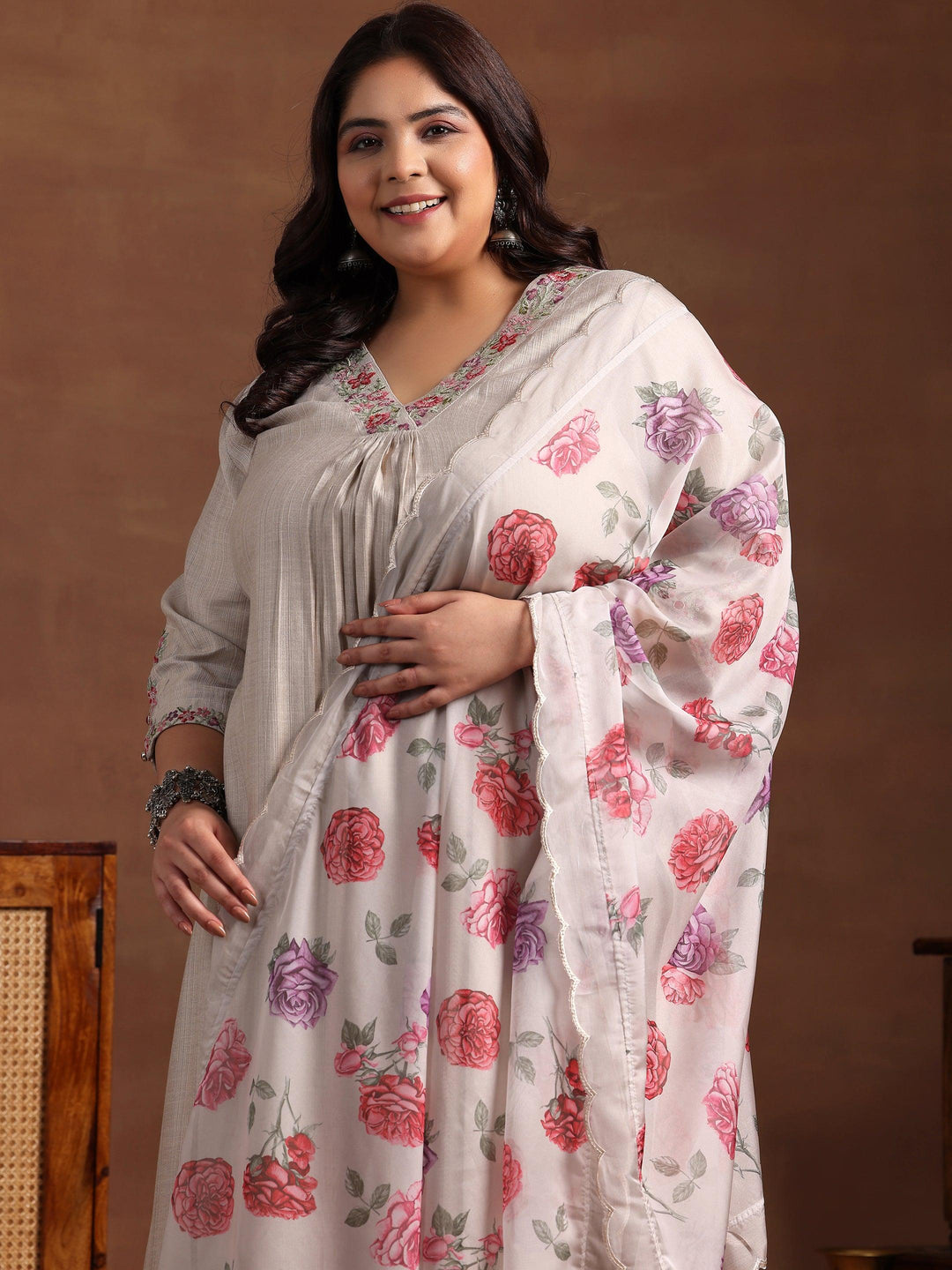 Plus Size Beige Yoke Design Silk Blend Straight Suit With Dupatta - Libas