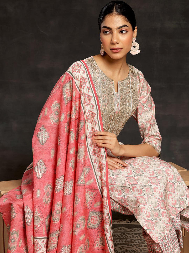 Beige Printed Silk Blend Straight Suit With Dupatta - Libas