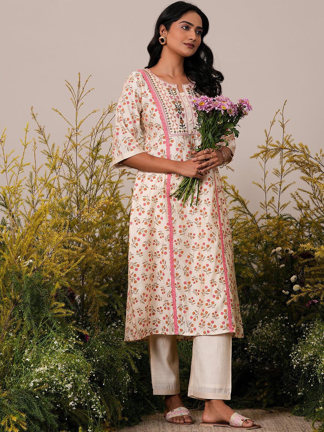 Beige Printed Chanderi Silk A-Line Kurta With Palazzos - Libas 