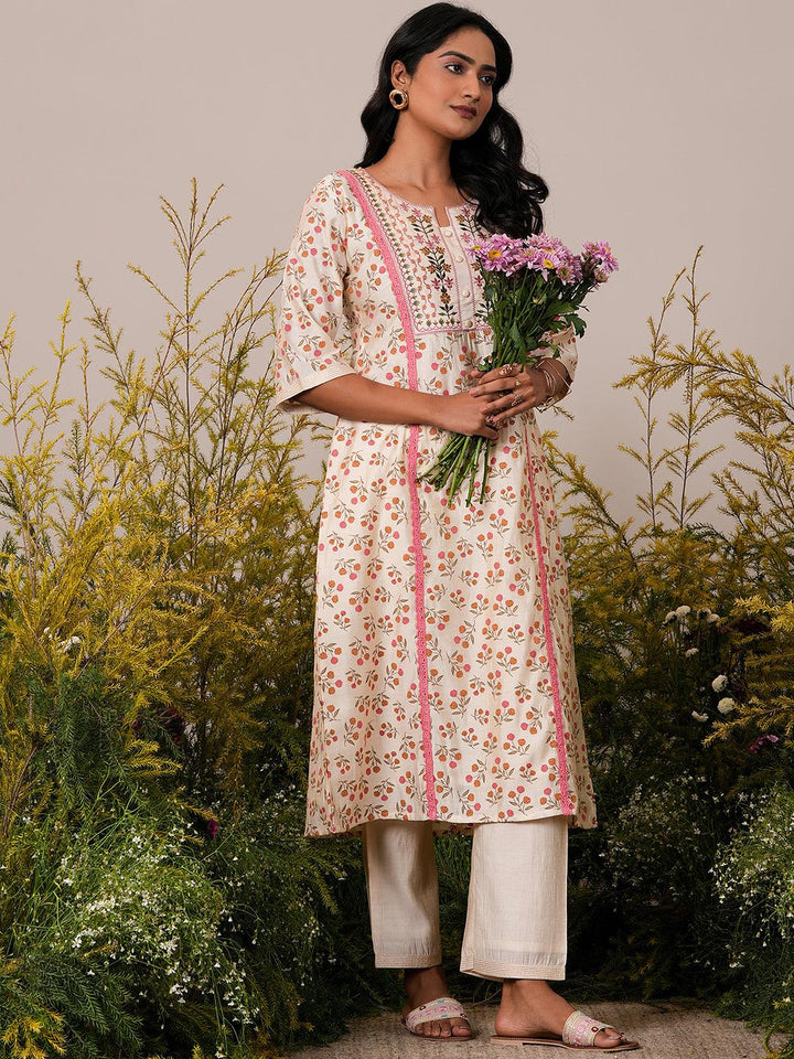 Beige Printed Chanderi Silk A-Line Kurta With Palazzos - Libas