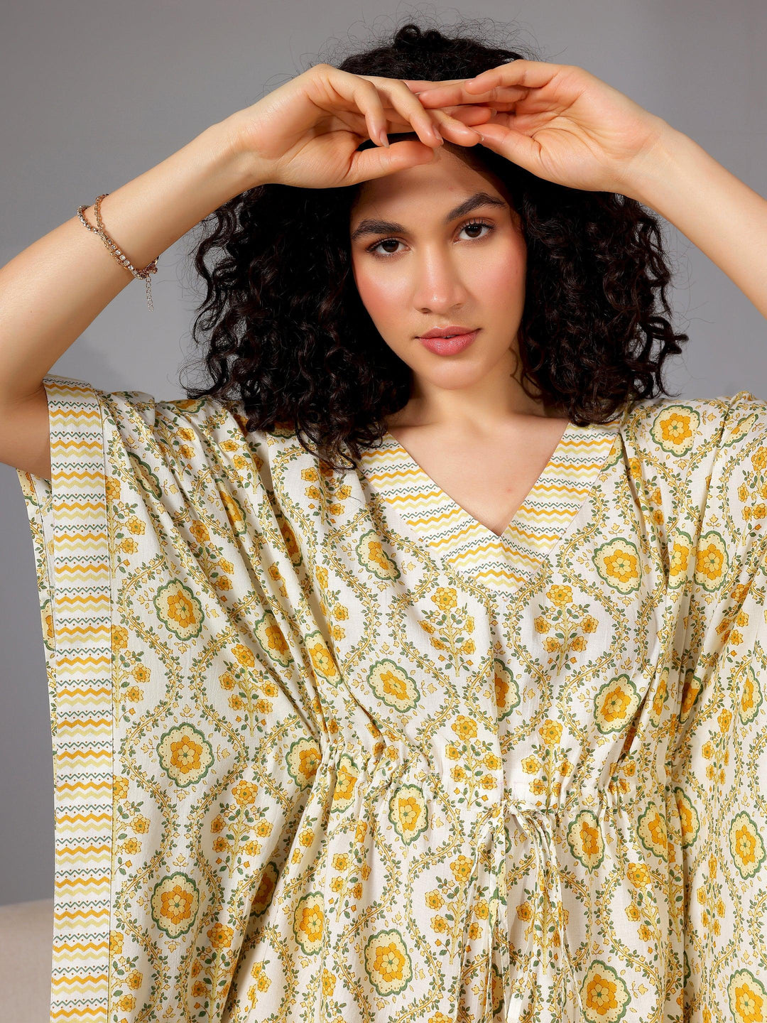 Yellow Printed Cotton Kaftan Night Dress - Libas 