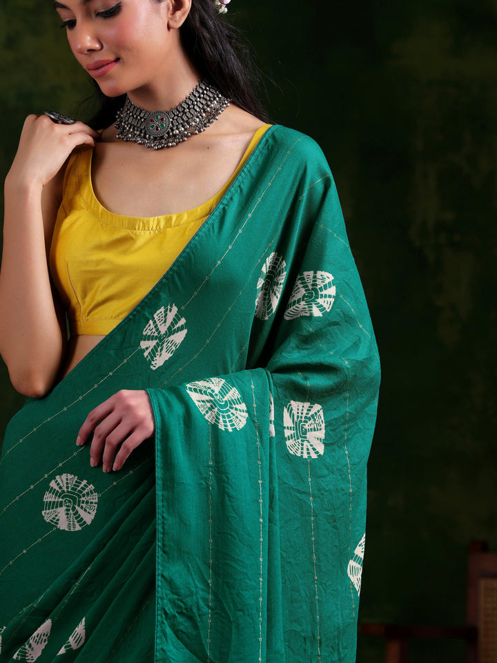 Rama Green Printed Poly Chiffon Saree With Unstitched Blouse Piece - Libas