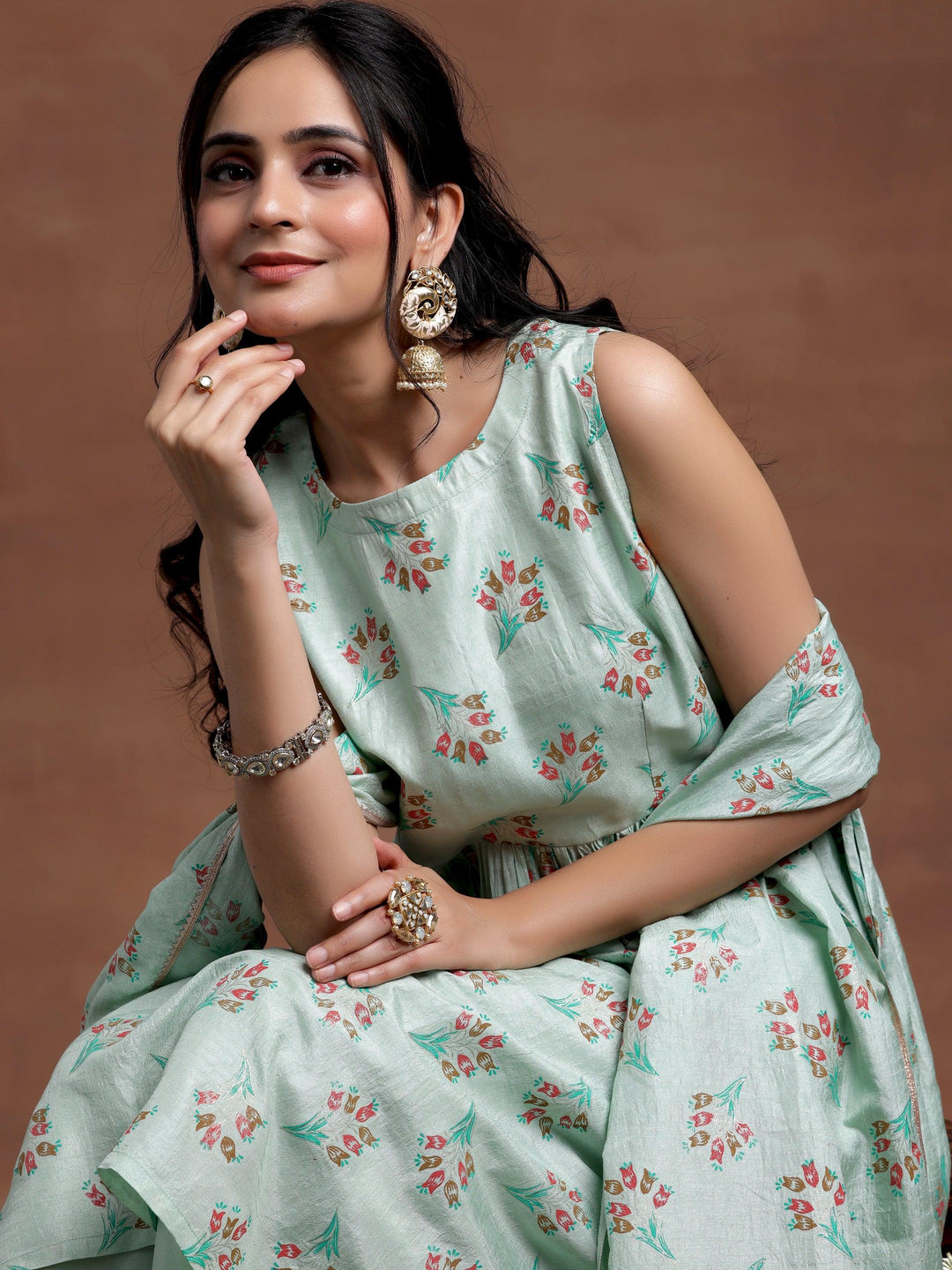 Sea green Printed Silk Blend A-Line Kurta With Palazzos & Dupatta - Libas 