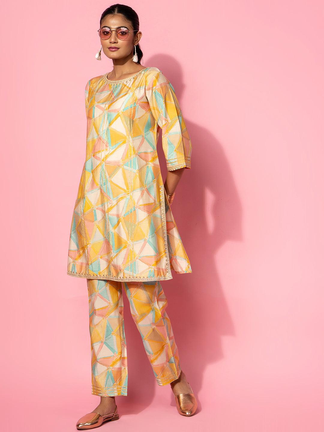 Yellow Printed Silk Blend Co-Ords - Libas