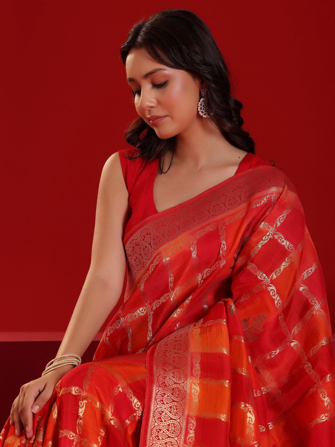 Libas Art Orange Woven Design Satin Saree With Unstitched Blouse Piece - Libas