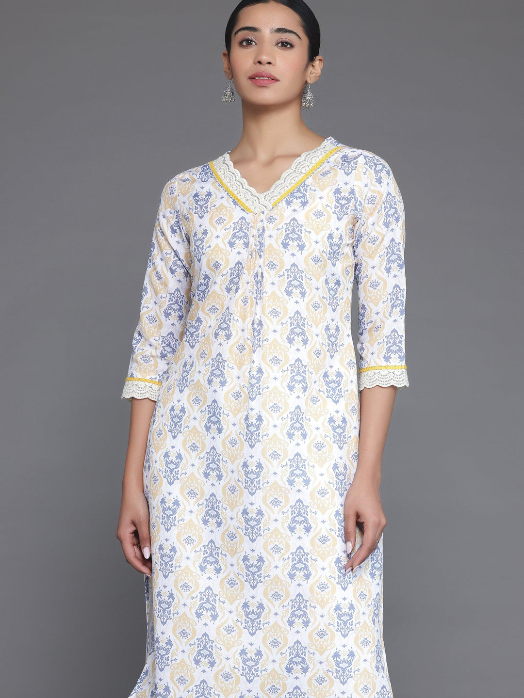 Off White Printed Cotton Straight Kurta - Libas