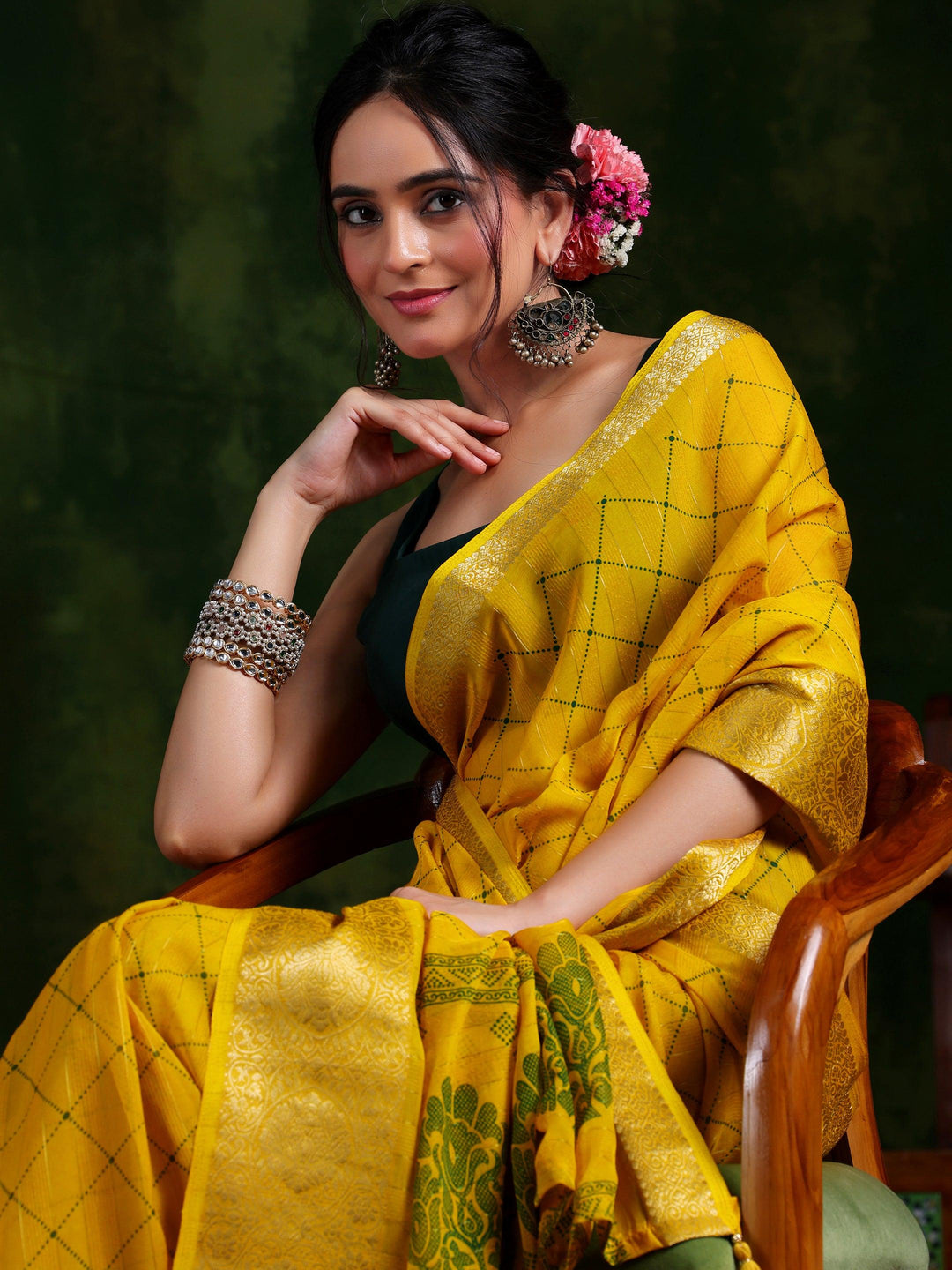 Mustard Printed Silk Blend Saree With Unstitched Blouse Piece - Libas 