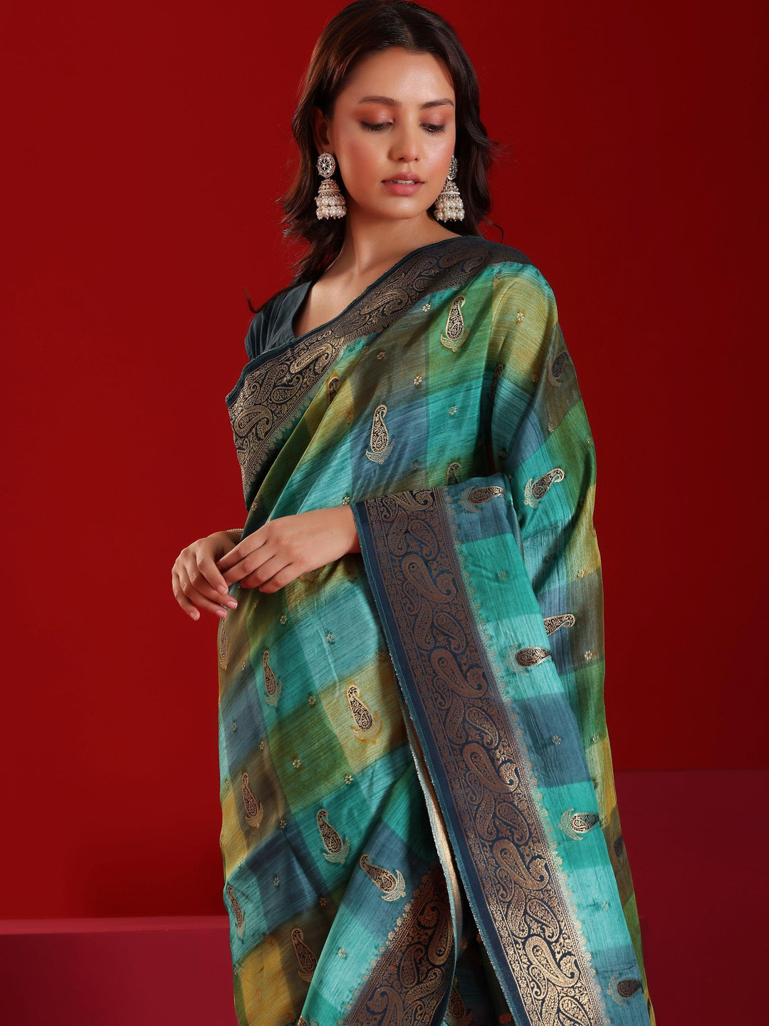 Libas Art Green Woven Design Satin Saree With Unstitched Blouse Piece - Libas 