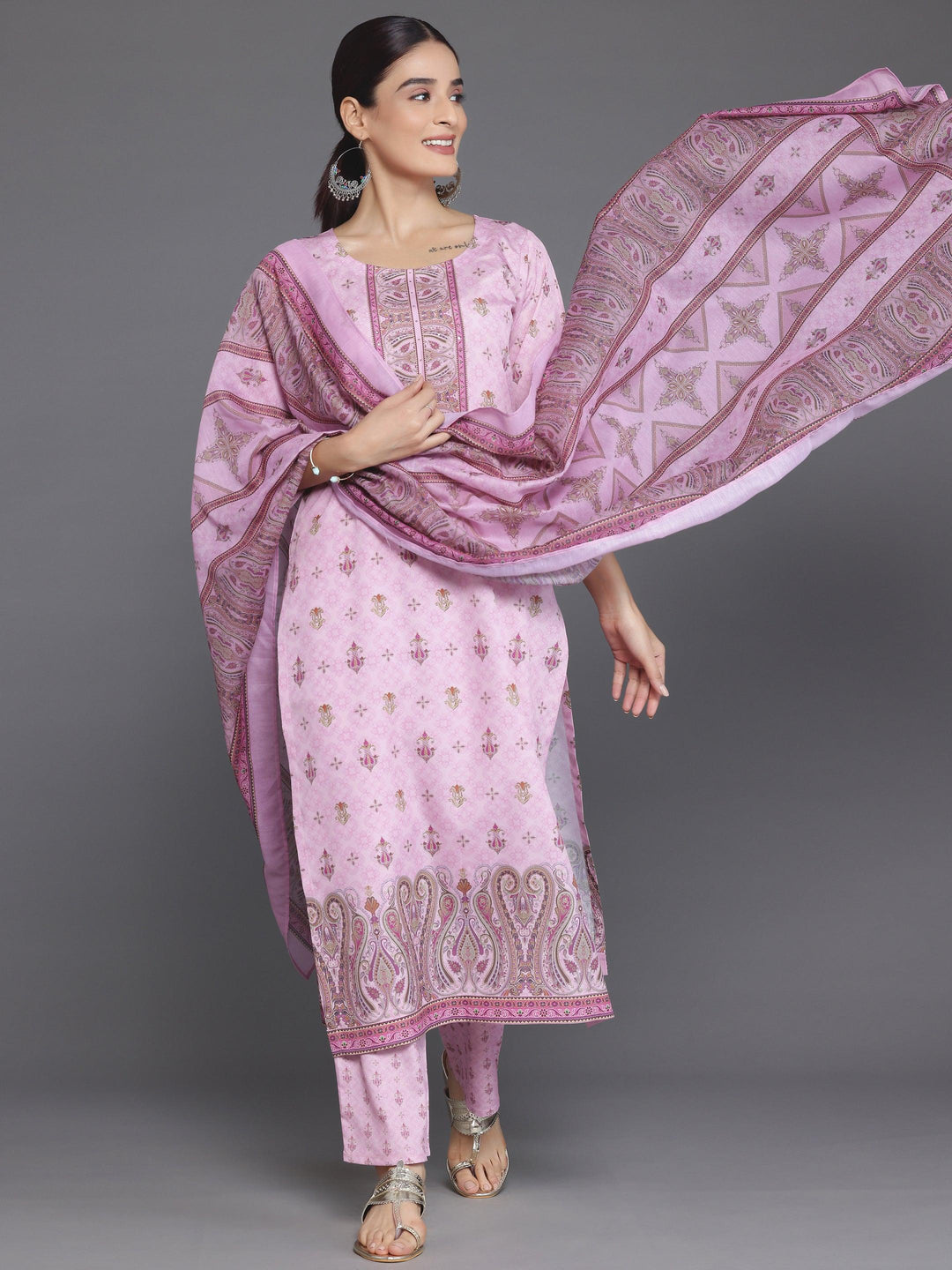 Pink Printed Poly Crepe Straight Suit With Dupatta - Libas 