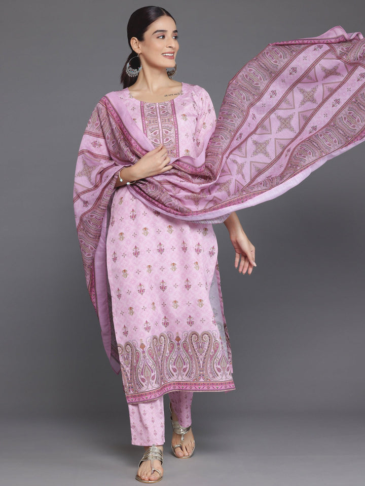 Pink Printed Poly Crepe Straight Suit With Dupatta - Libas