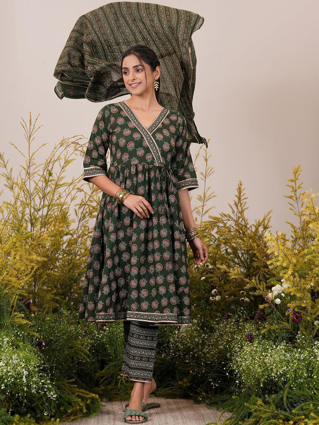 Green Printed Cotton Anarkali Suit With Dupatta - Libas