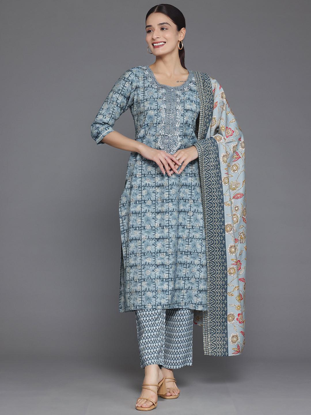 Grey Printed Silk Blend Straight Suit With Dupatta - Libas 