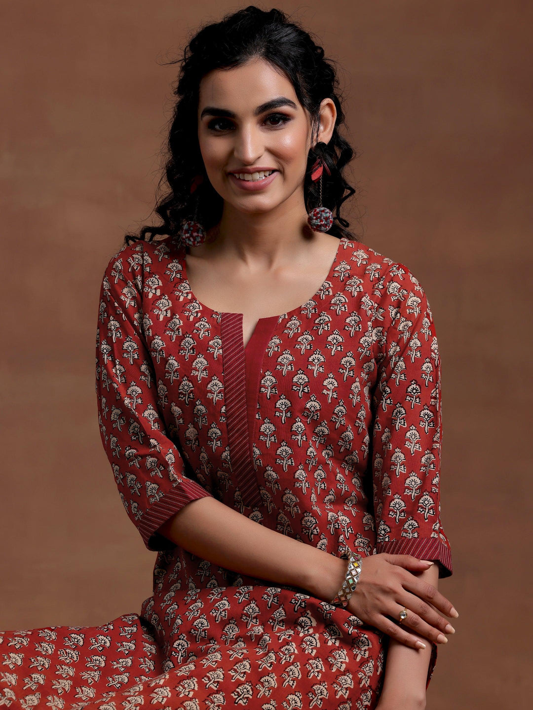 Maroon Printed Cotton Straight Kurta - Libas