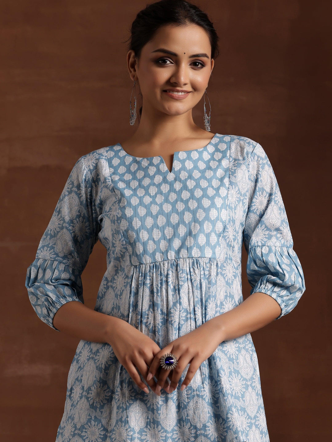 Blue Printed Cotton Straight Kurti - Libas 