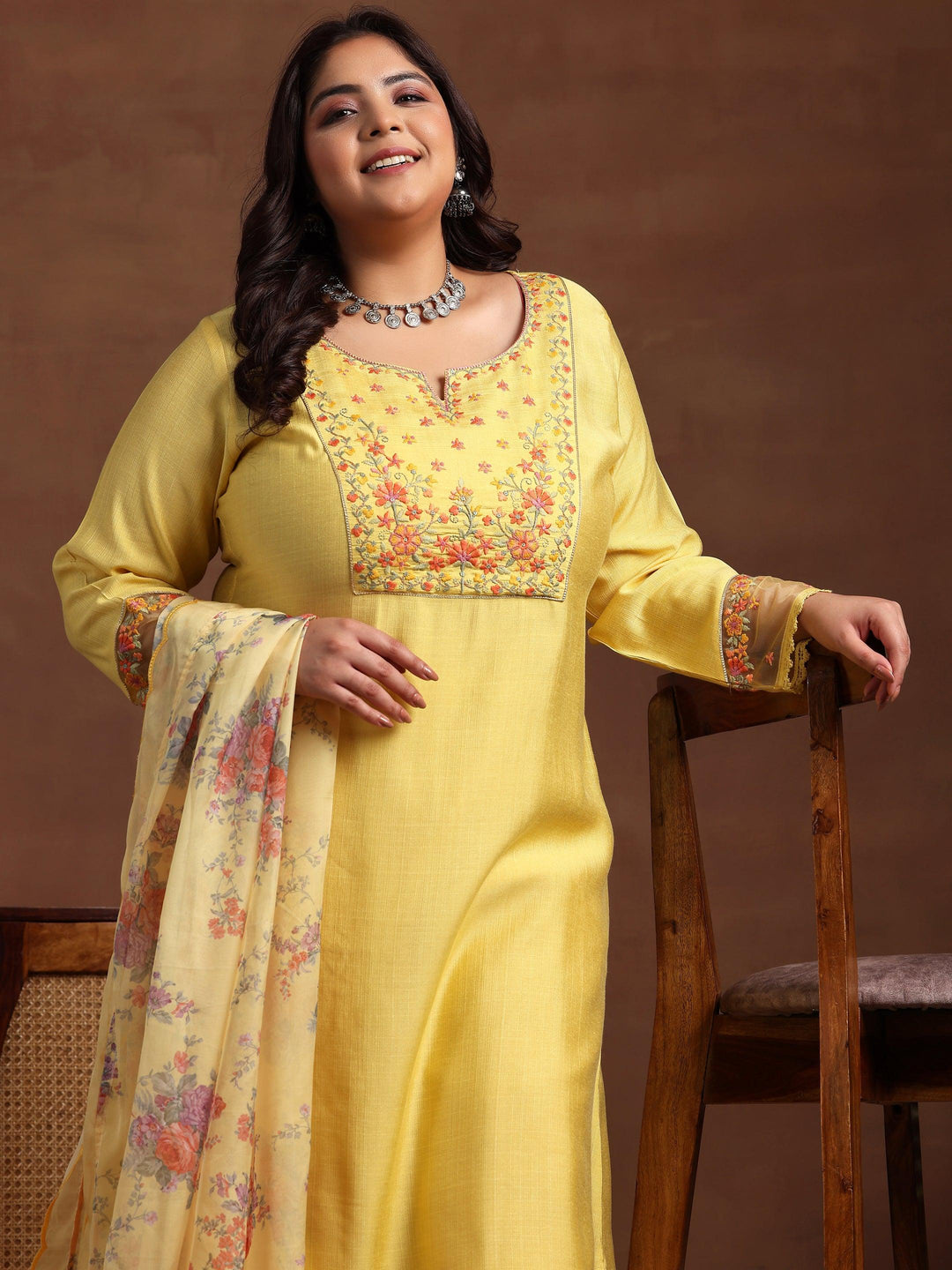 Plus Size Yellow Yoke Design Silk Blend Straight Suit With Dupatta - Libas