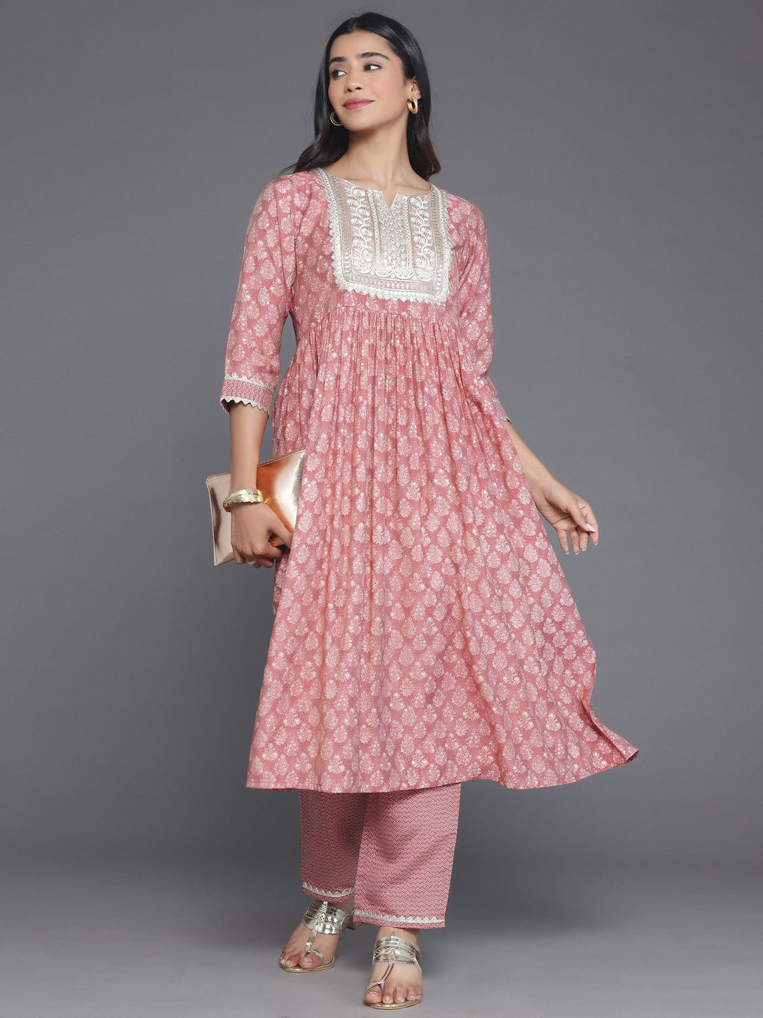 Mauve Printed Silk Blend A-Line Kurta With Palazzos - Libas 