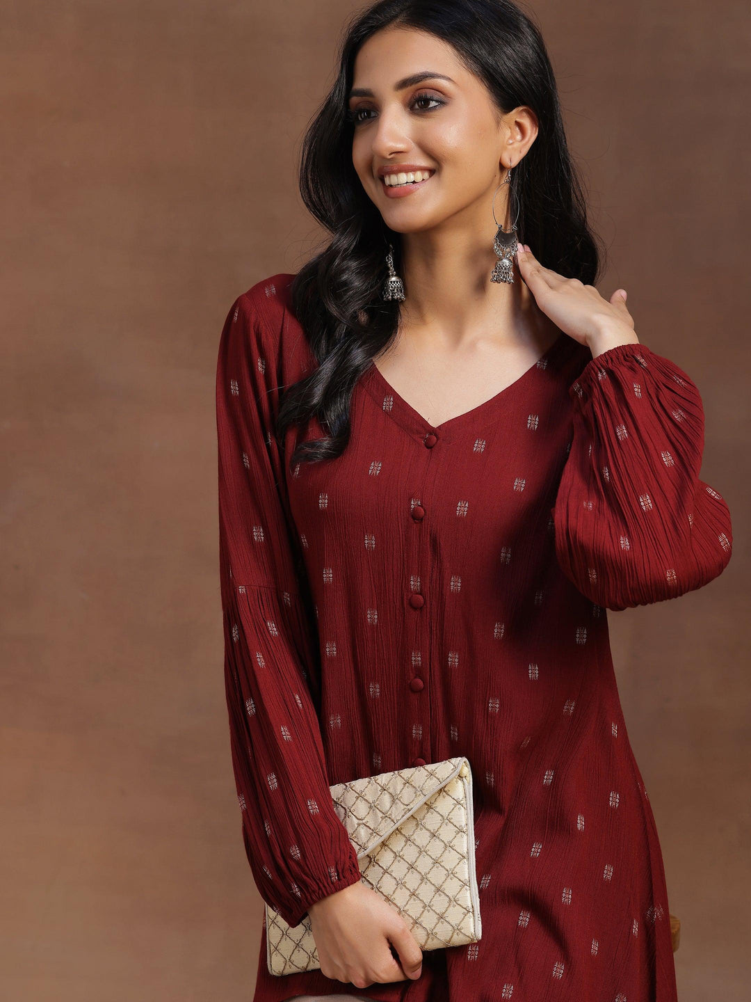  Maroon Woven Design Cotton A-line Kurti 