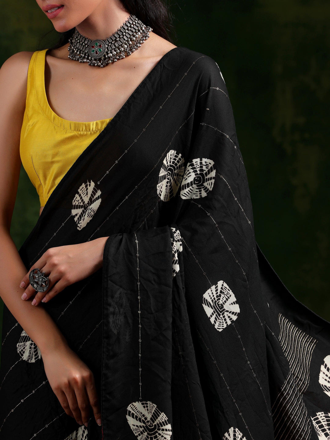 Black Printed Poly Chiffon Saree With Unstitched Blouse Piece - Libas 