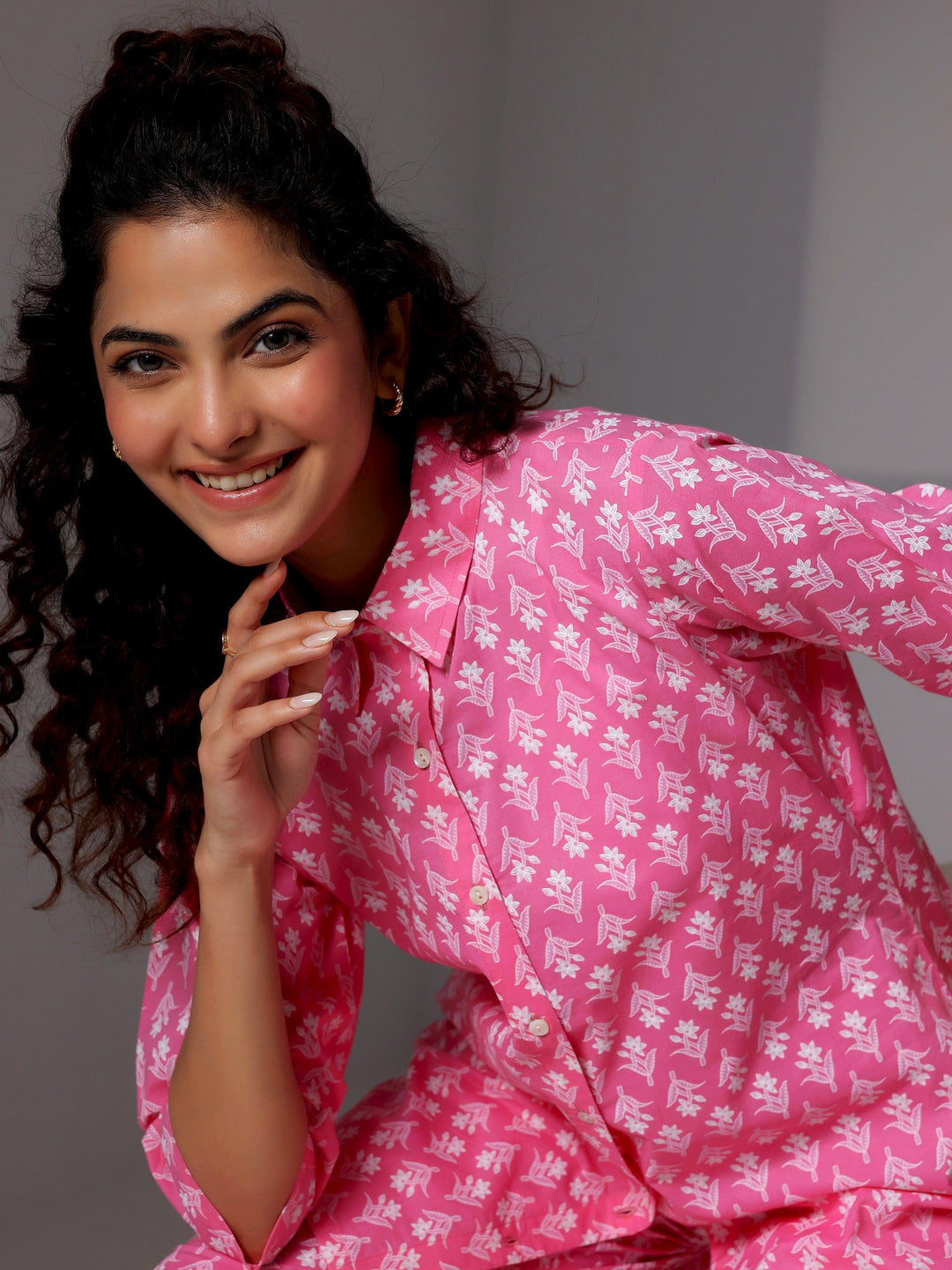 Pink Printed Cotton Night Suits - Libas 