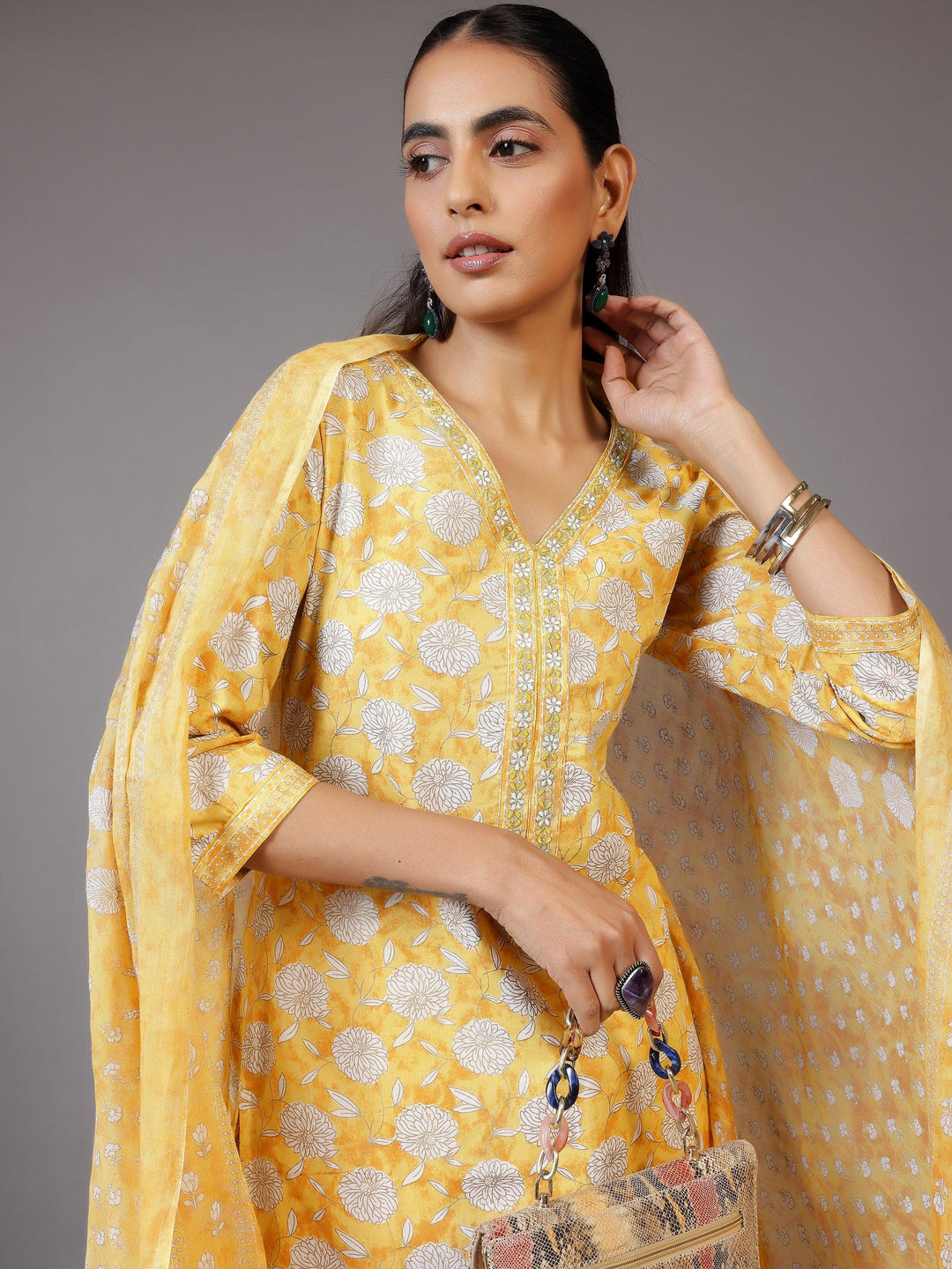 Yellow Printed Cotton Straight Suit With Dupatta - Libas 