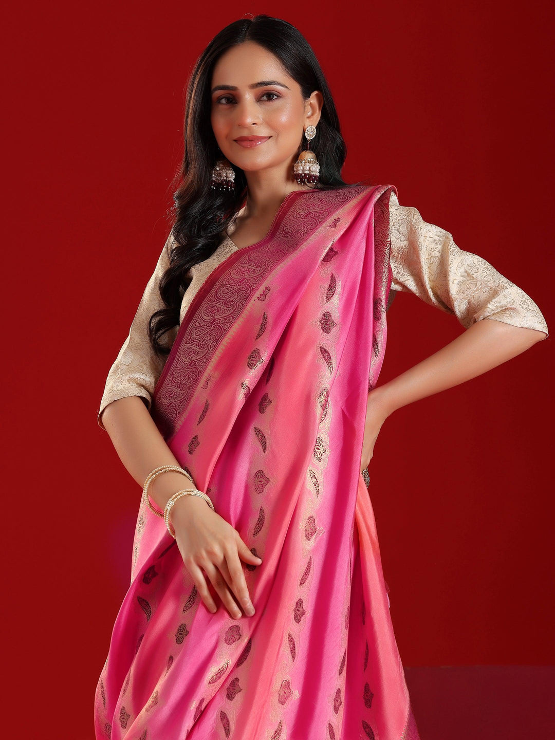 Libas Art Pink Woven Design Satin Saree With Unstitched Blouse Piece - Libas