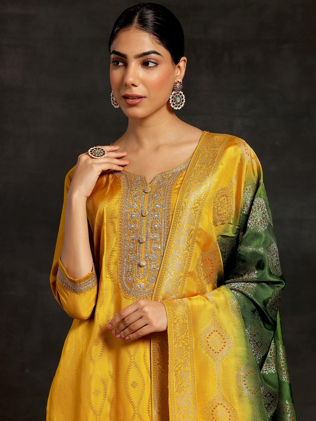 Mustard Woven Design Silk Blend Straight Suit With Dupatta - Libas 