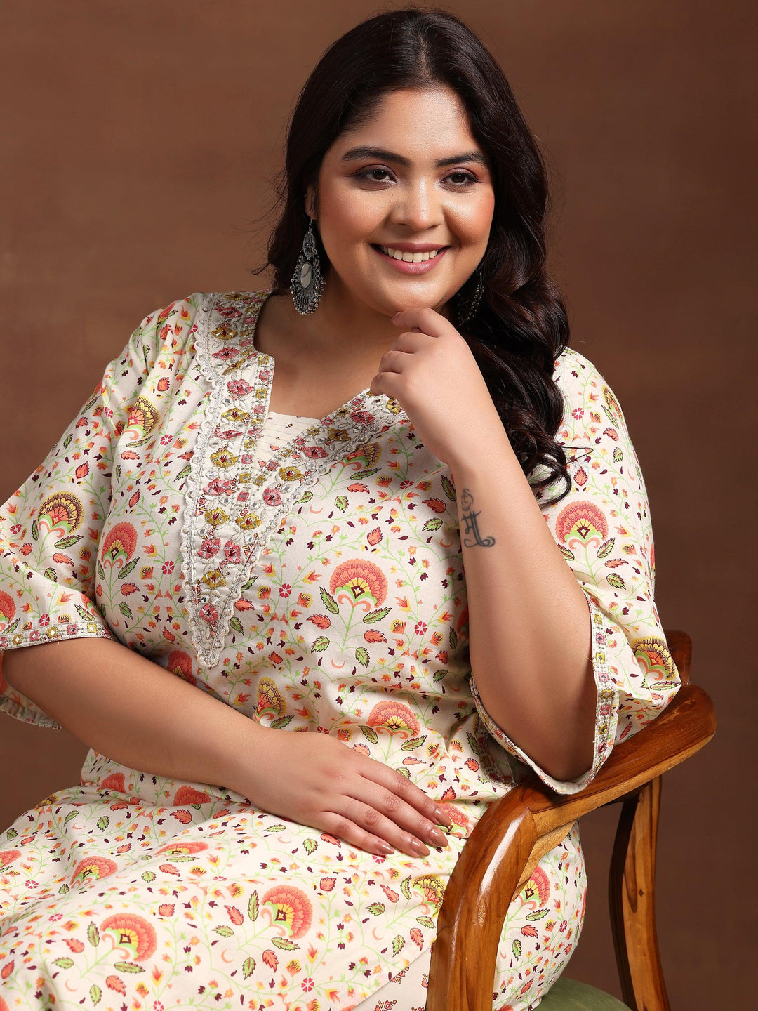 Plus Size Off White Printed Cotton Straight Kurta With Salwar - Libas 