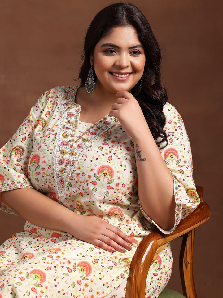 Plus Size Off White Printed Cotton Straight Kurta With Salwar - Libas