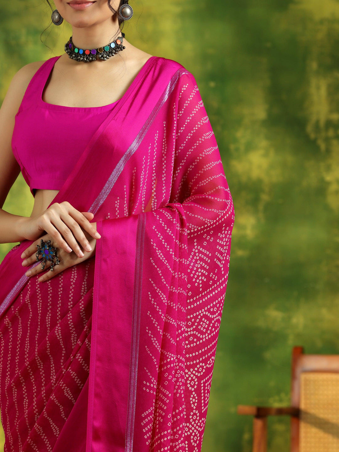 Pink Printed Satin Saree With Unstitched Blouse Piece - Libas 