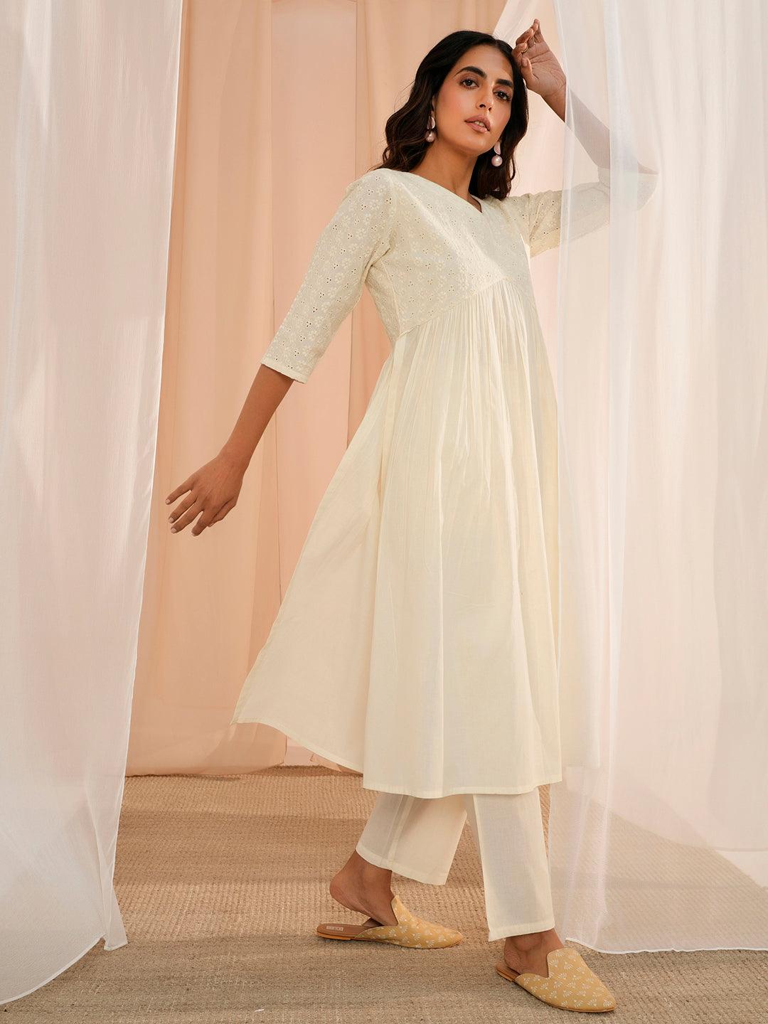 Off White Embroidered Cotton Straight Kurta Set - Libas 