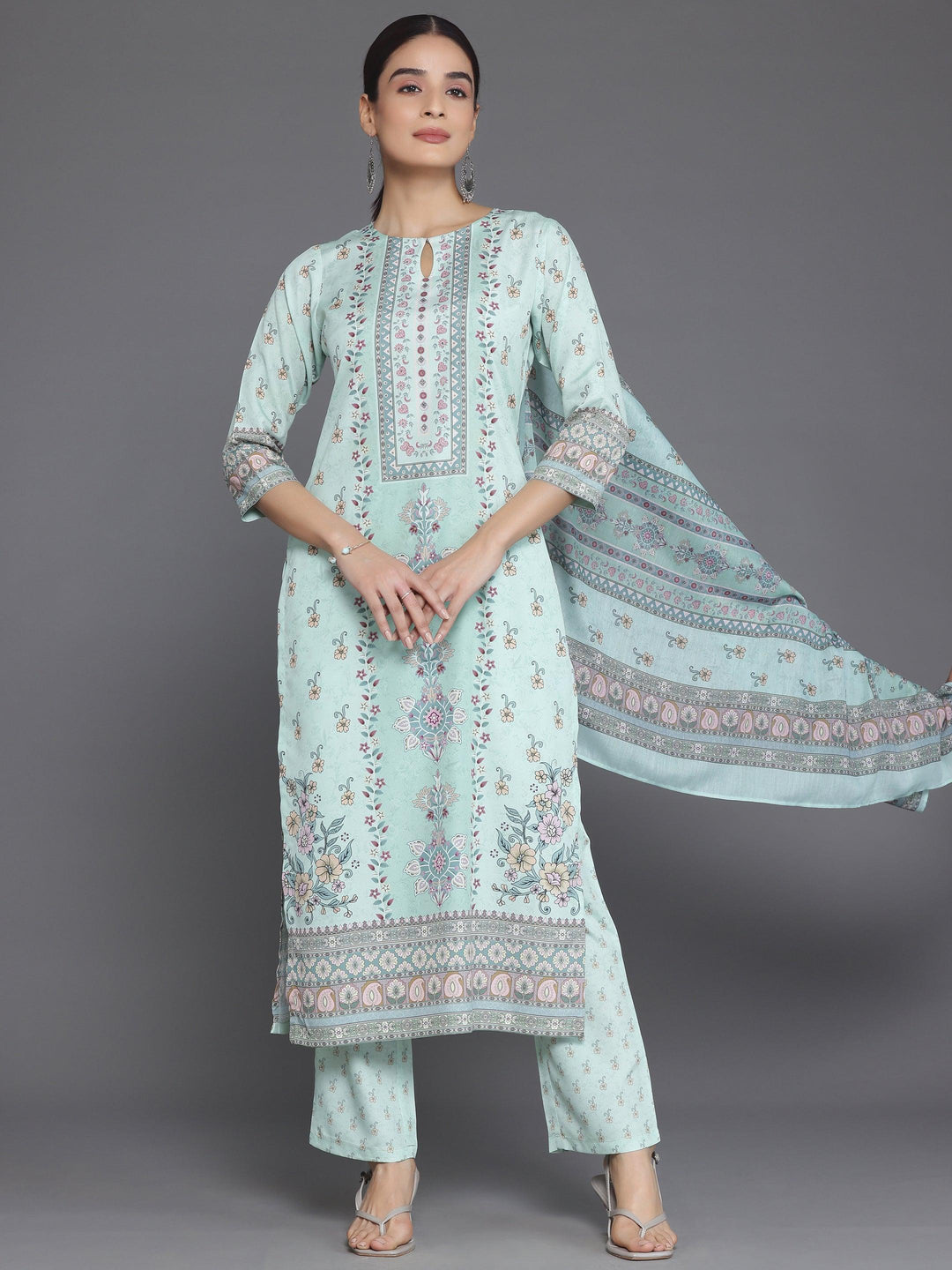 Green Printed Poly Crepe Straight Suit With Dupatta - Libas 