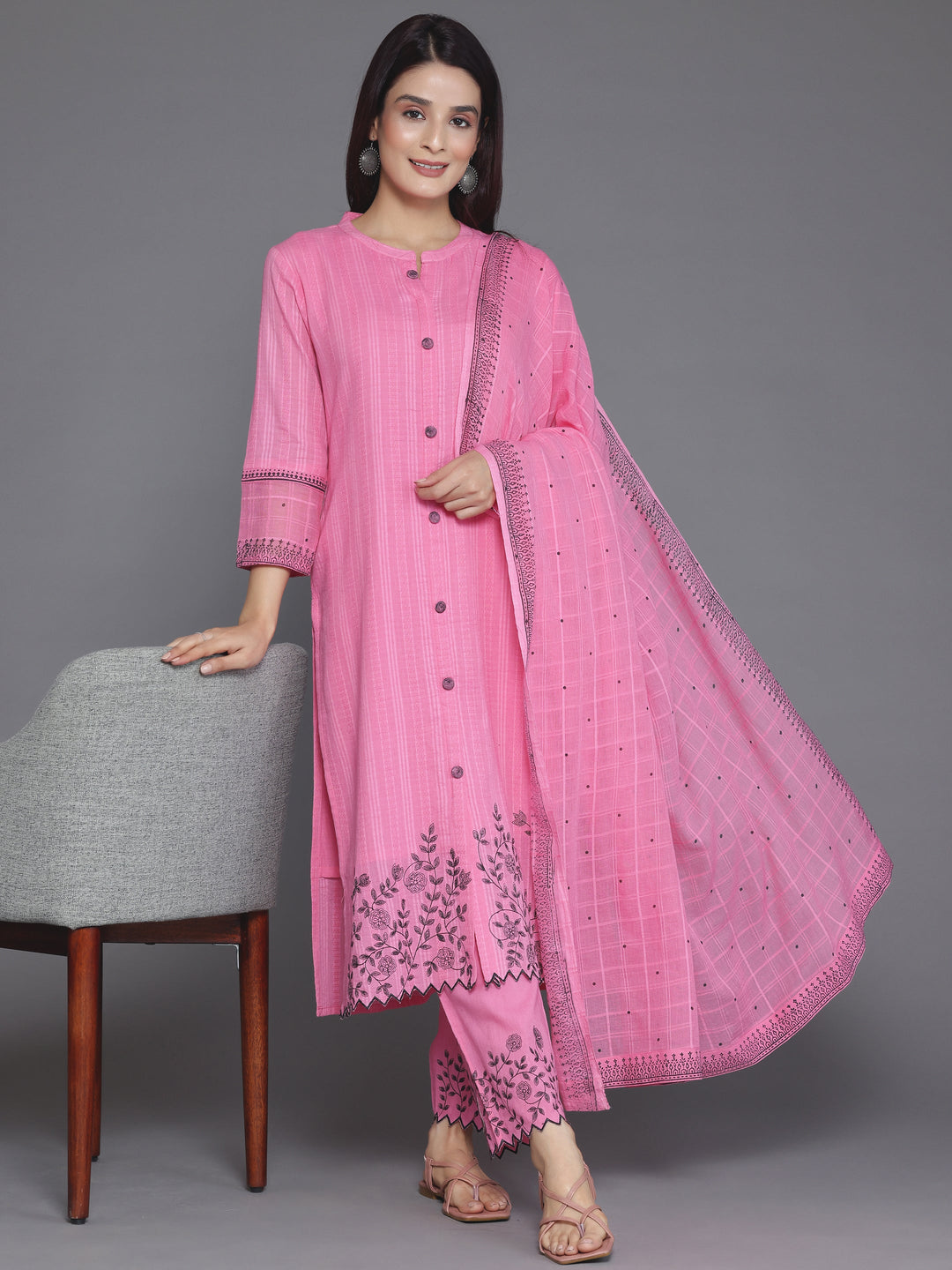  Pink Woven Design Cotton Straight Suit With Dupatta 