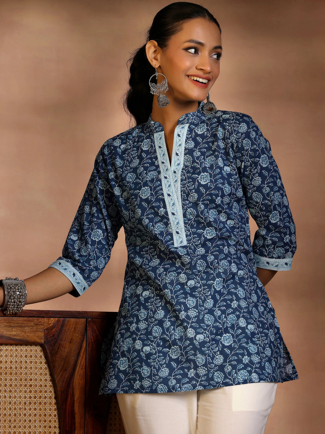  Blue Printed Cotton A-Line Kurti 