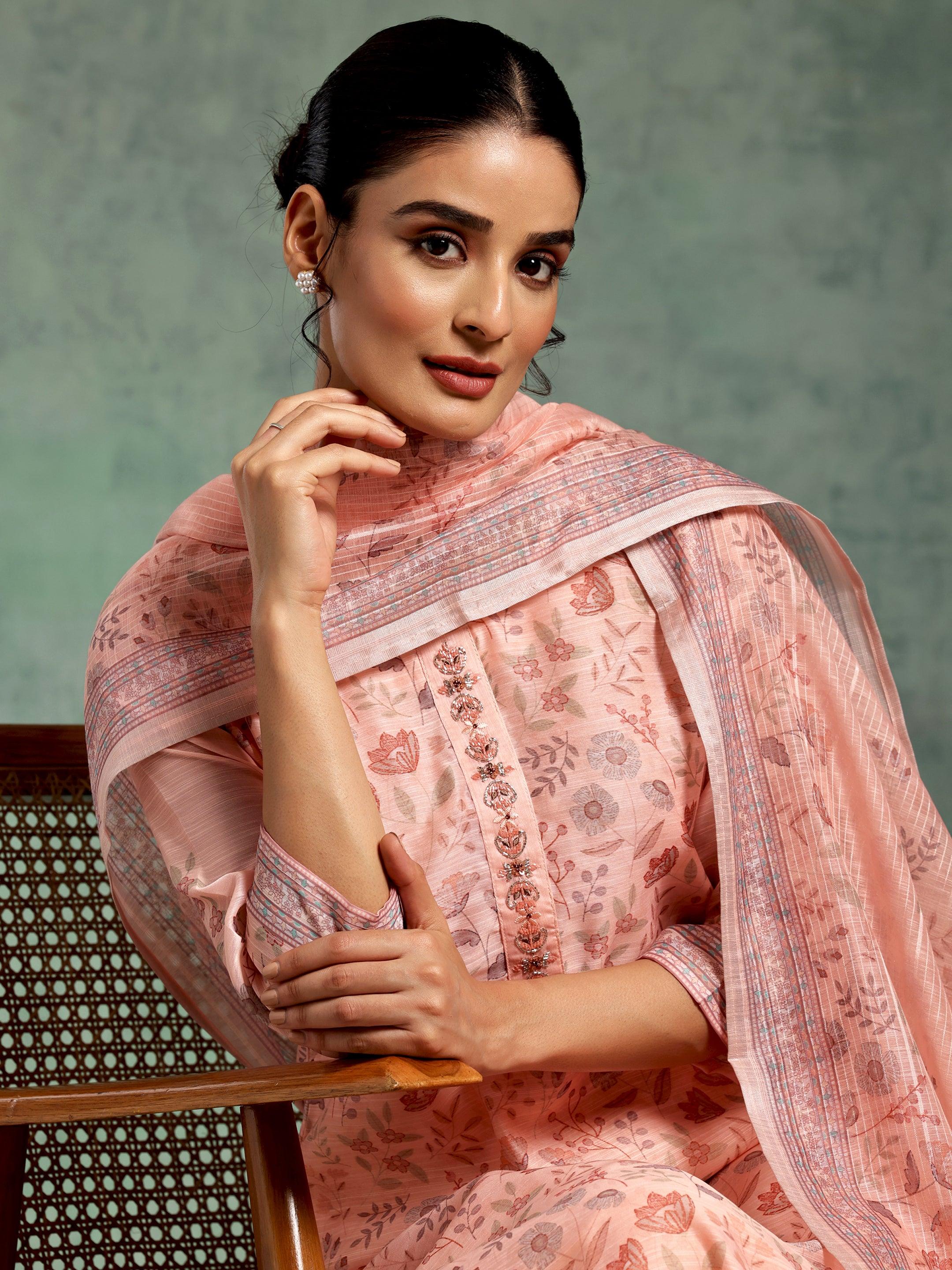 Peach Printed Chanderi Silk Straight Suit With Dupatta