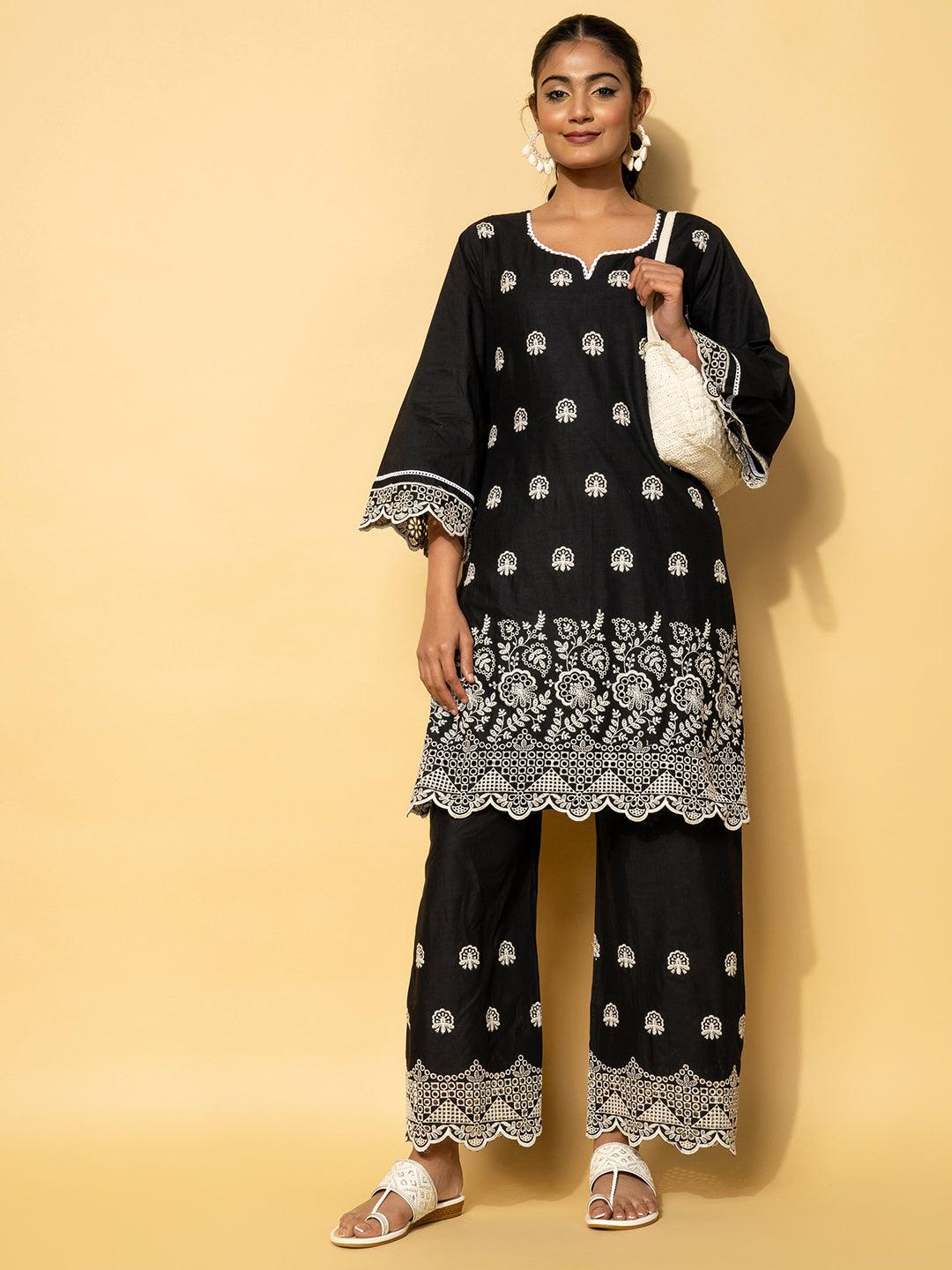 Black Embroidered Cotton Co-Ords - Libas 