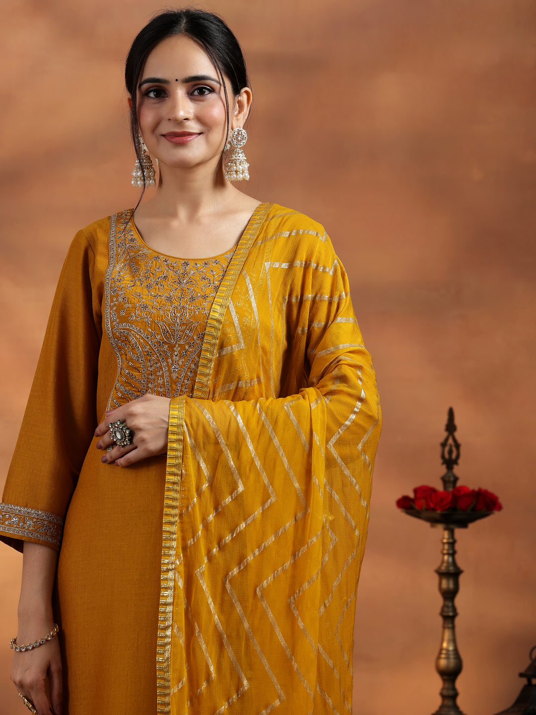  Mustard Embroidered Silk Blend A-Line Kurta With Trousers & Dupatta 