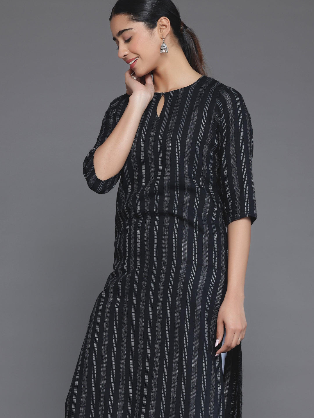 Black Striped Rayon Straight Kurta - Libas 