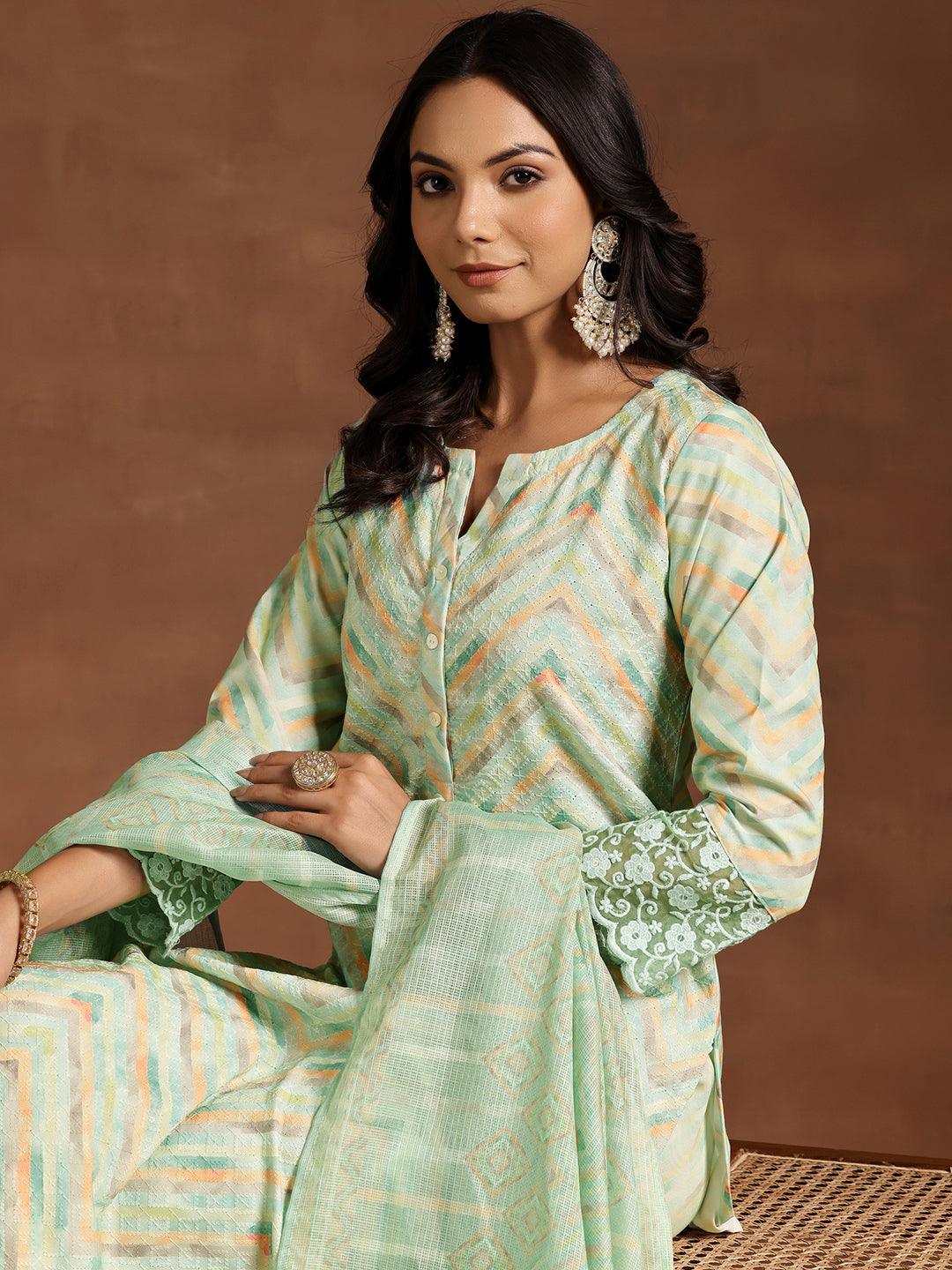 Green Embroidered Cotton Blend Straight Suit With Dupatta - Libas