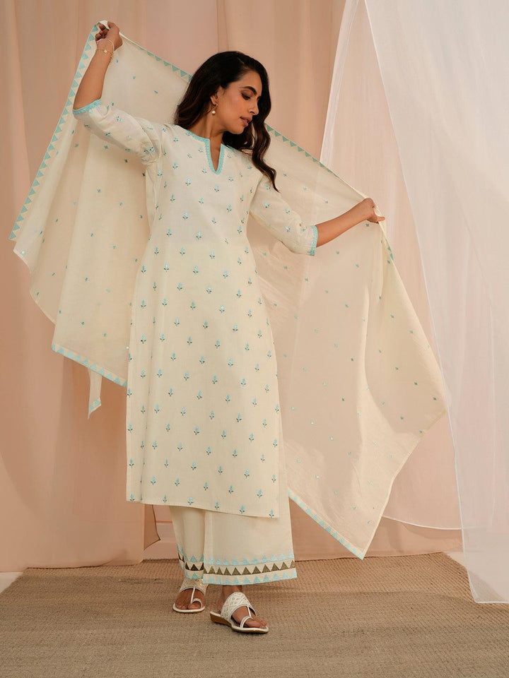 Off White Embroidered Cotton Straight Suit With Dupatta - Libas